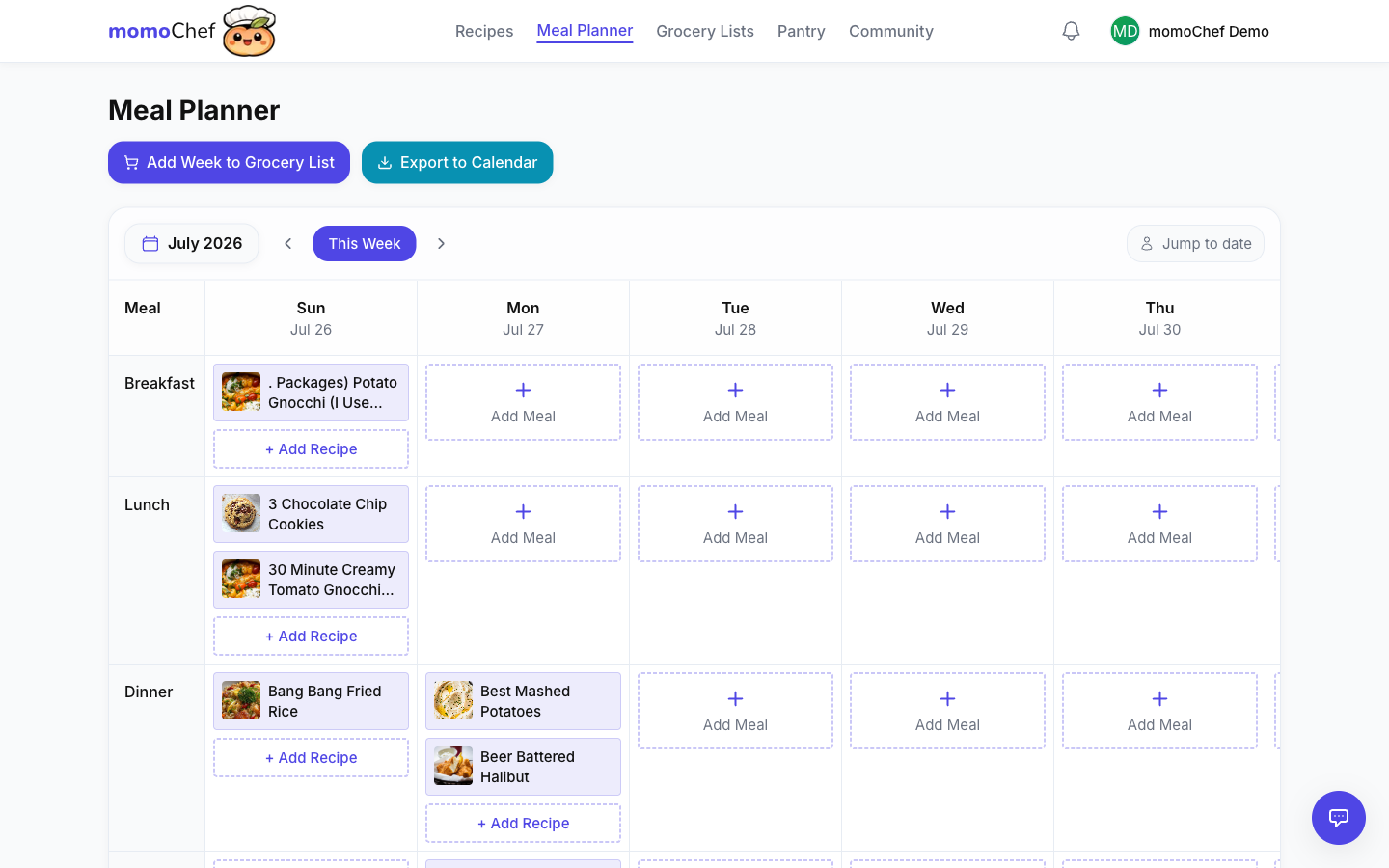 Meal planner month view